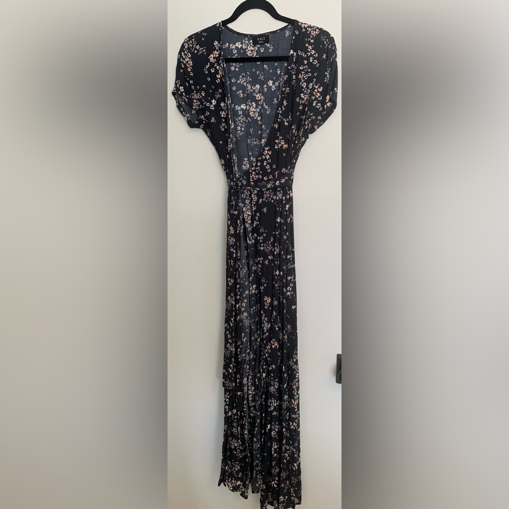 Vici Dolls floral maxi wrap tie dress in blue and pink - size small